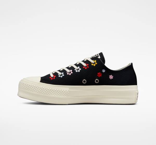 Converse Chuck Taylor All Star Lift Platform Floral Embroidery Low Tops Shoes Black / Multicolor | CV-902NPB