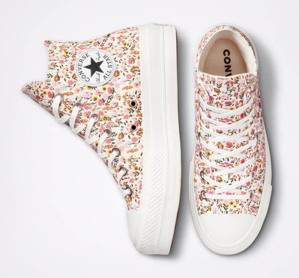 Converse Chuck Taylor All Star Lift Platform Florals High Tops Shoes Beige White / Pink | CV-964NWJ