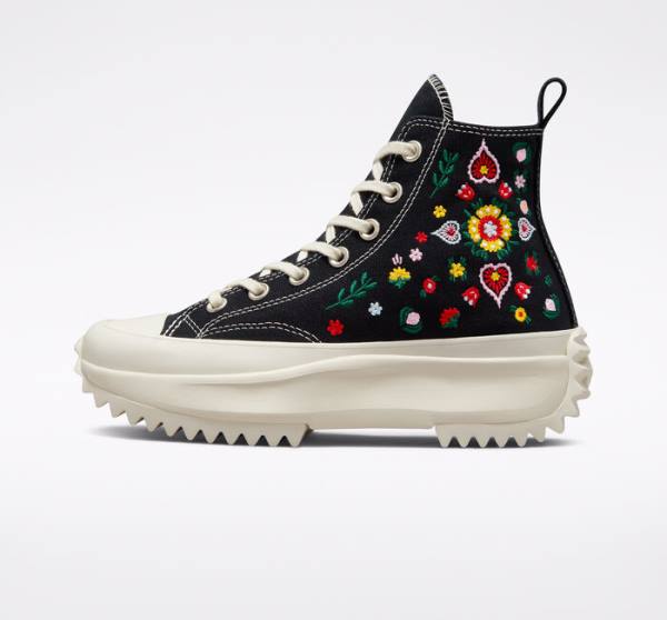 Converse Run Star Hike Platform Floral Embroidery High Tops Shoes Black | CV-029JHP